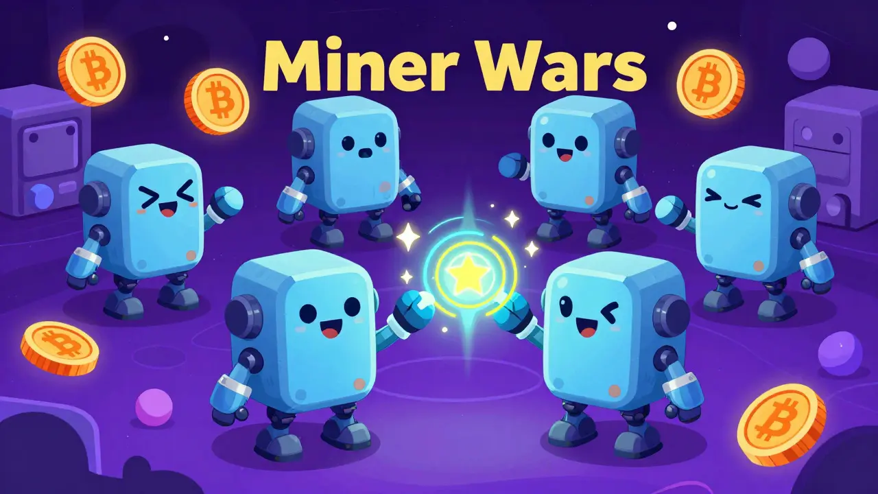 Battle numérique stylisée avec des robots mineurs et des jetons GOMINING.