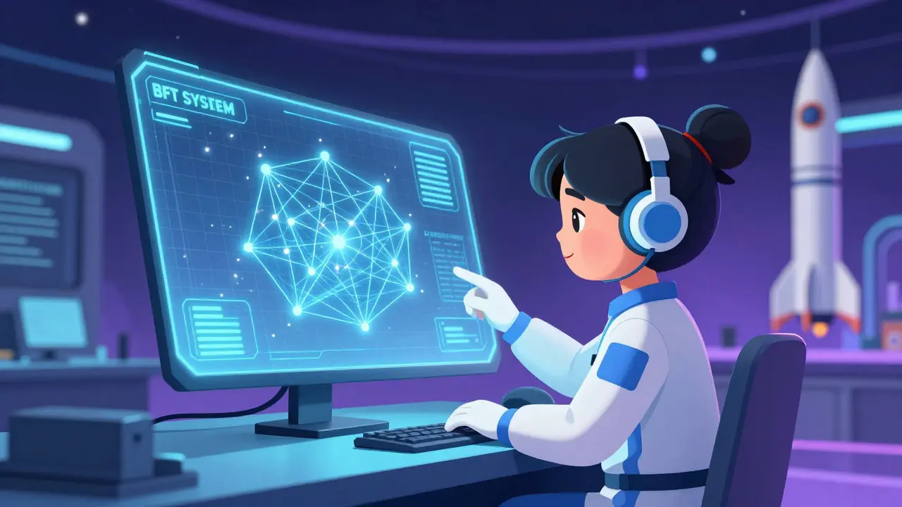 Centre de contrôle spatial futuriste utilisant un système de consensus sécurisé.