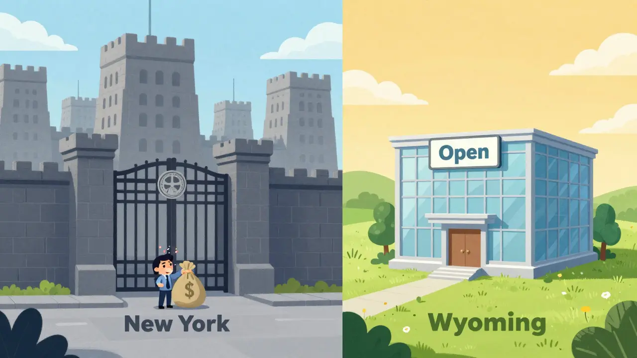 Comparaison stylisée entre la bureaucratie rigide de New York et l'ouverture du Wyoming pour la crypto.