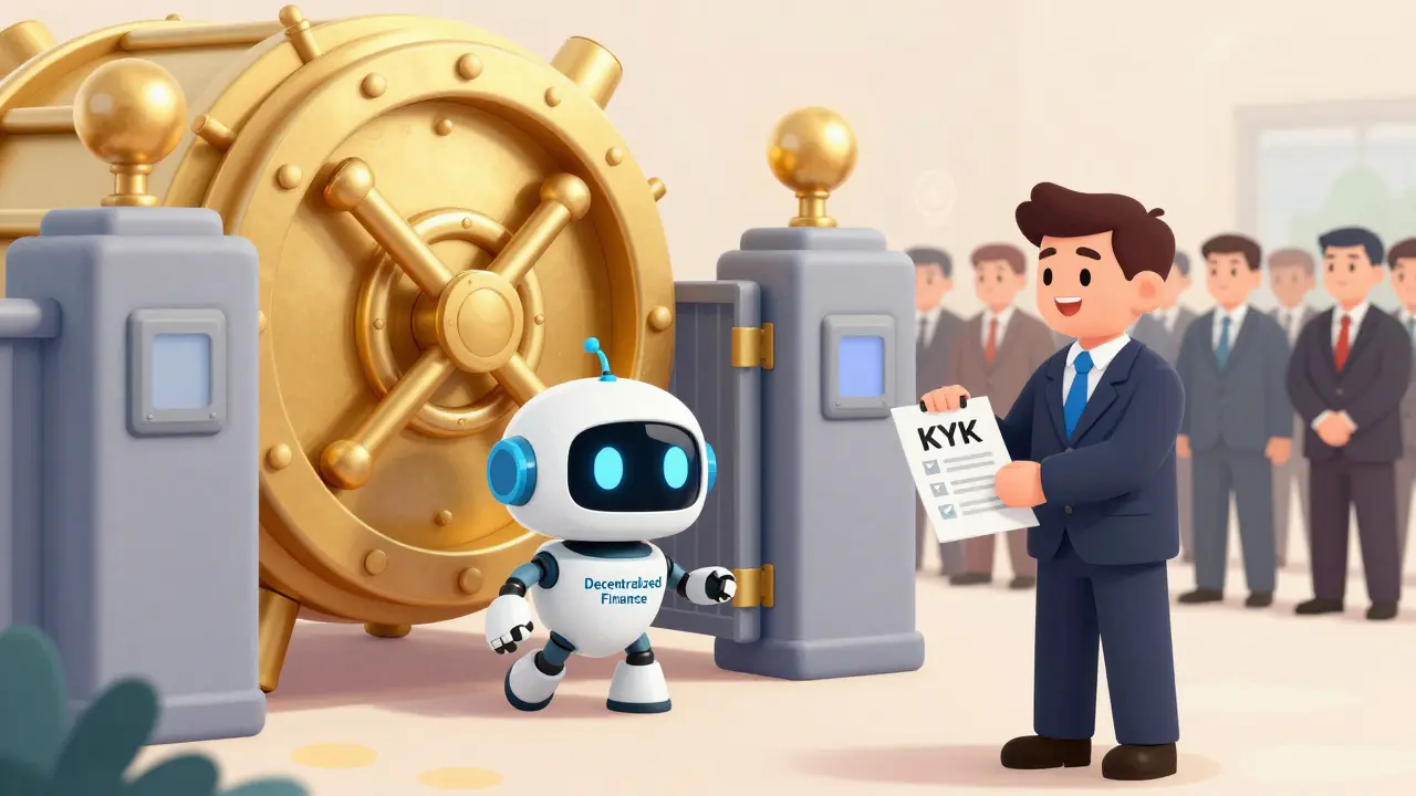 Dessin CalArts montrant la DeFi face aux exigences de conformité et l'arrivée des investisseurs.