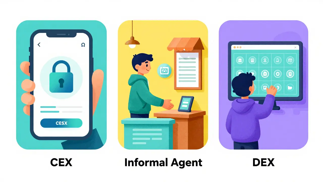 Dessin montrant les trois méthodes de trading P2P : plateforme CEX, agent local et exchange DEX.