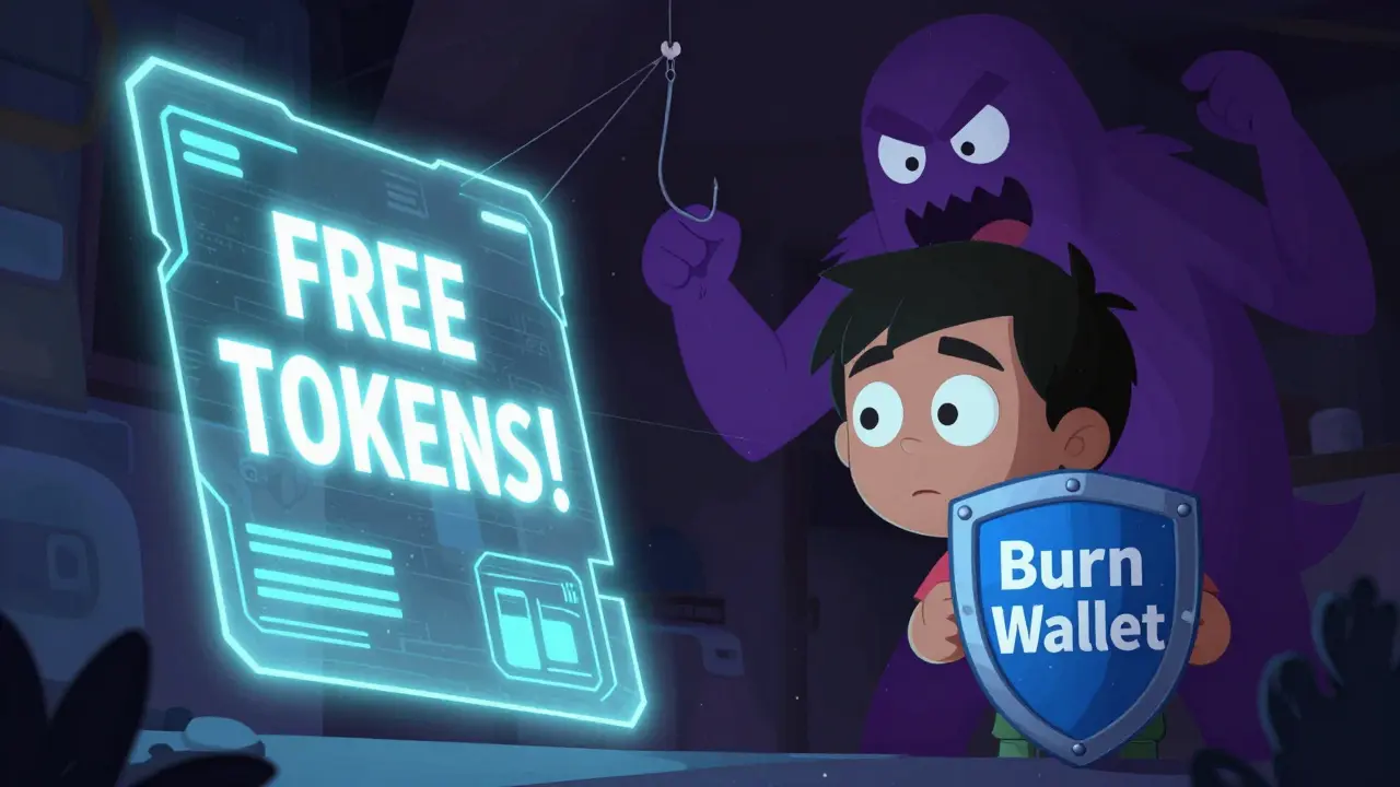 Dessin style CalArts montrant un utilisateur se protégeant d'une arnaque crypto avec un portefeuille vide.