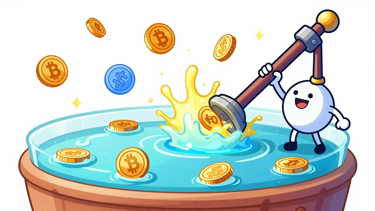 Illustration d'un pool de liquidité avec des jetons colorés s'échangeant via un levier.