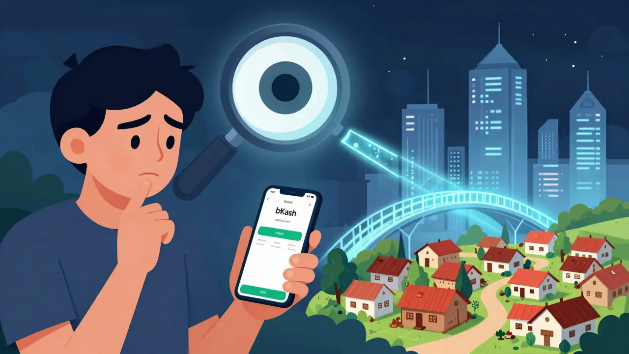 Illustration d'une transaction mobile bKash sous surveillance et d'une vision future de la blockchain.