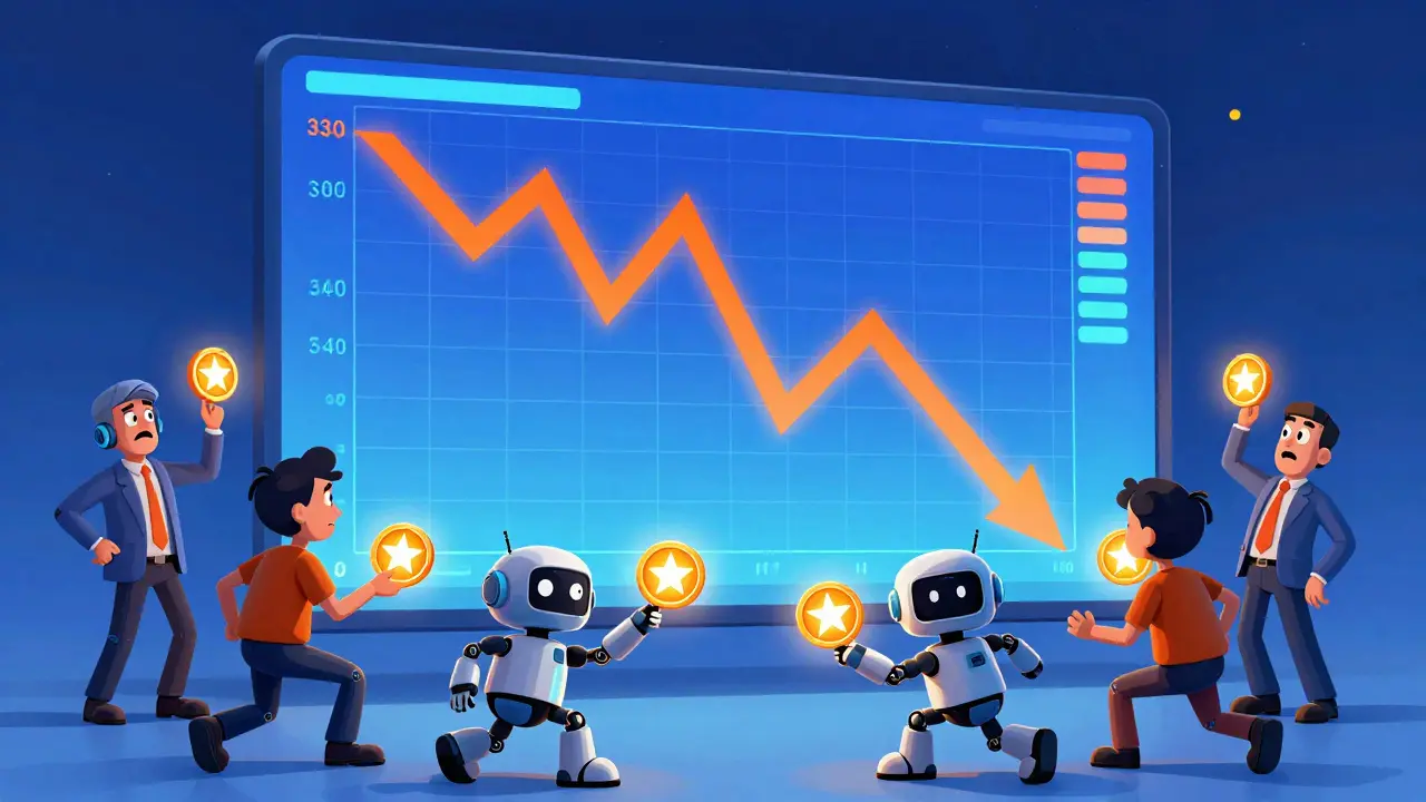Investisseurs anxieux observant un crash de prix et des bots manipulant un jeton en étoile.