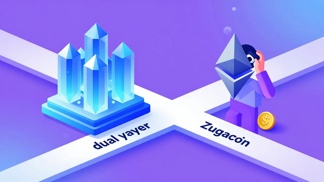 Personnage confus face à deux versions techniques contradictoires de la blockchain SZCB