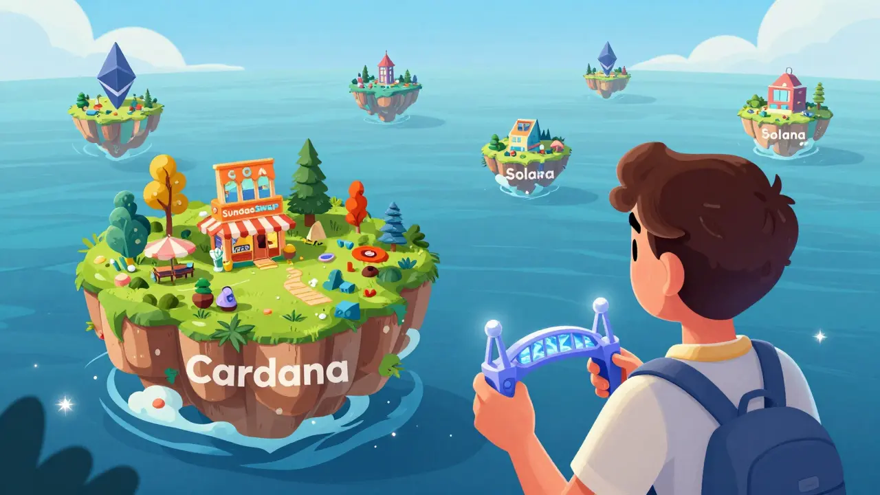 Personnage devant une carte d'îles blockchain symbolisant l'interopérabilité future.