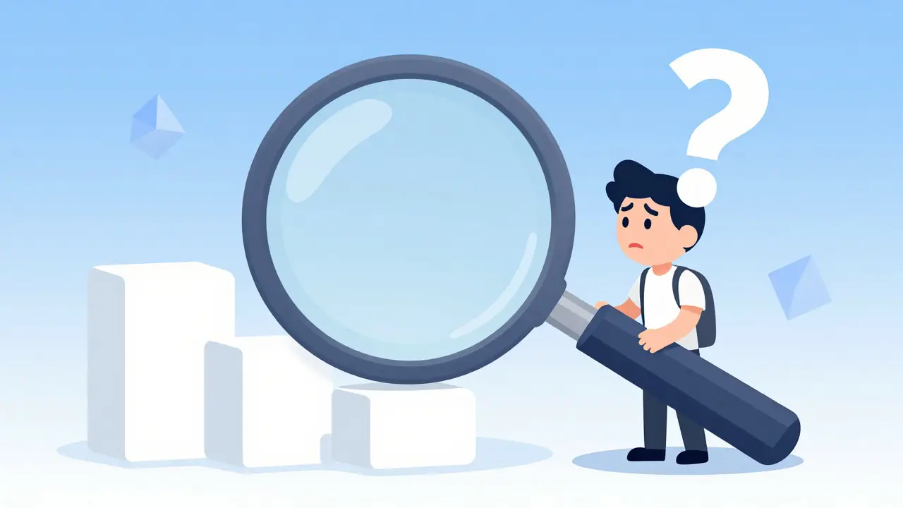 Personnage examinant des données de blockchain vides avec une loupe