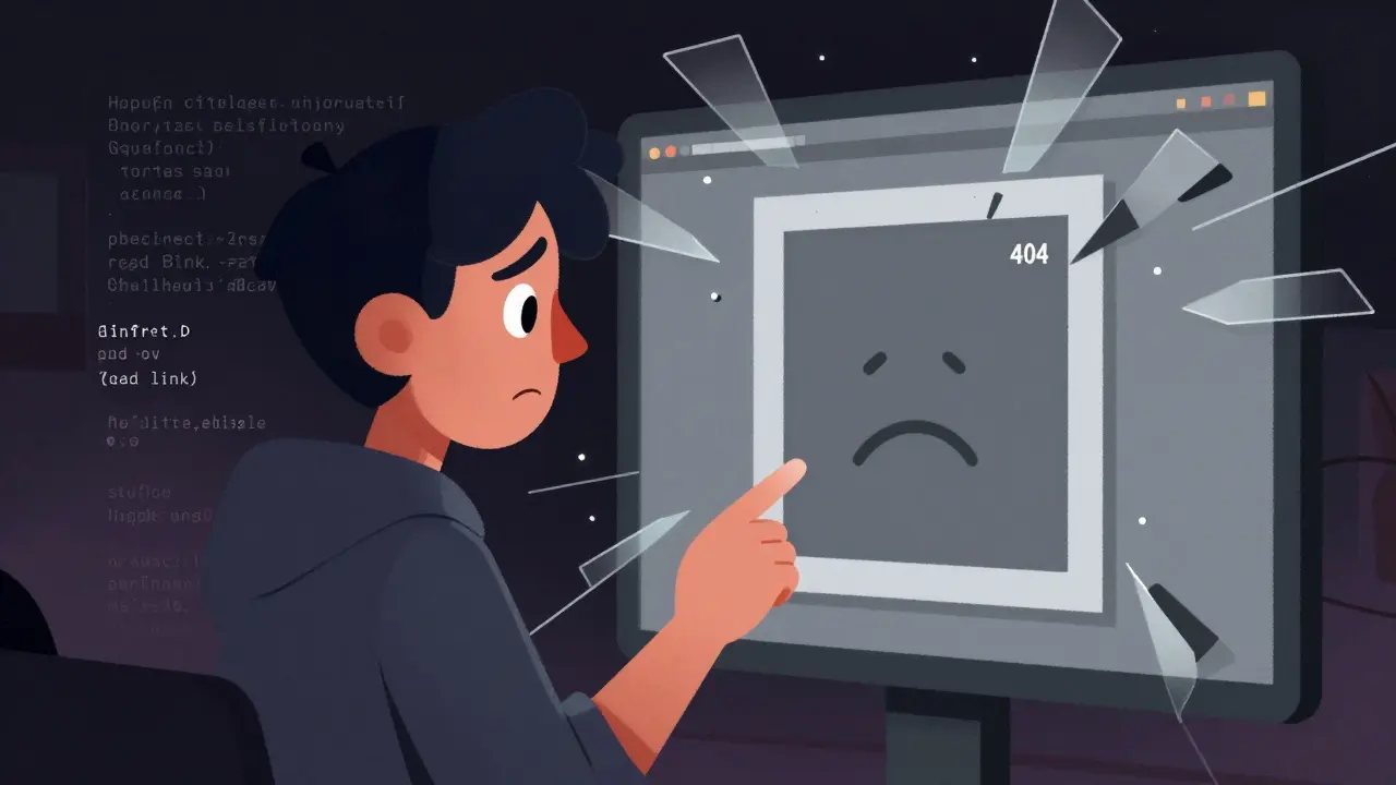 Personnage inquiet face à un cadre numérique gris représentant un lien mort 404.