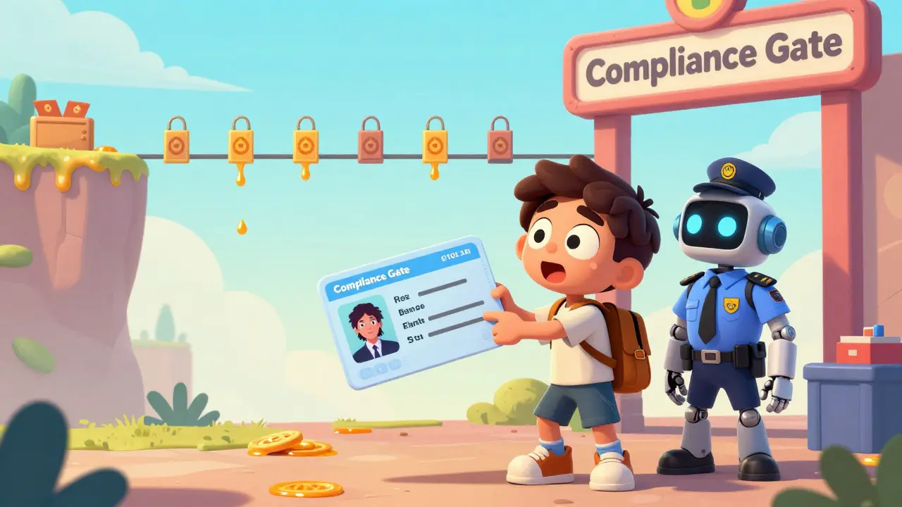 Personnage style CalArts passant un contrôle d'identité KYC pour débloquer des jetons UFI.