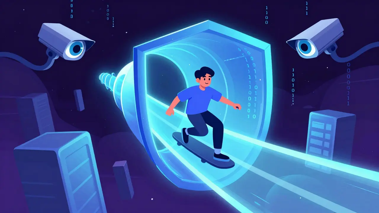 Personnage voyageant dans un tunnel bleu protecteur pour contourner la surveillance numérique.
