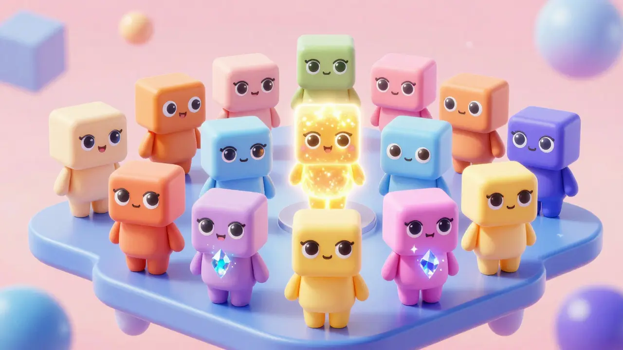 Personnages MOMOs cubiques et cristaux MEC sur une plateforme numérique