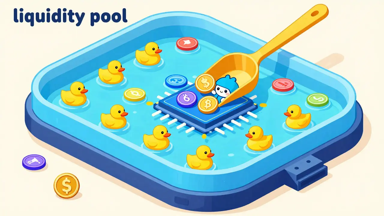 Piscine de liquidité stylisée avec un personnage utilisant une pelle dorée pour organiser des jetons.