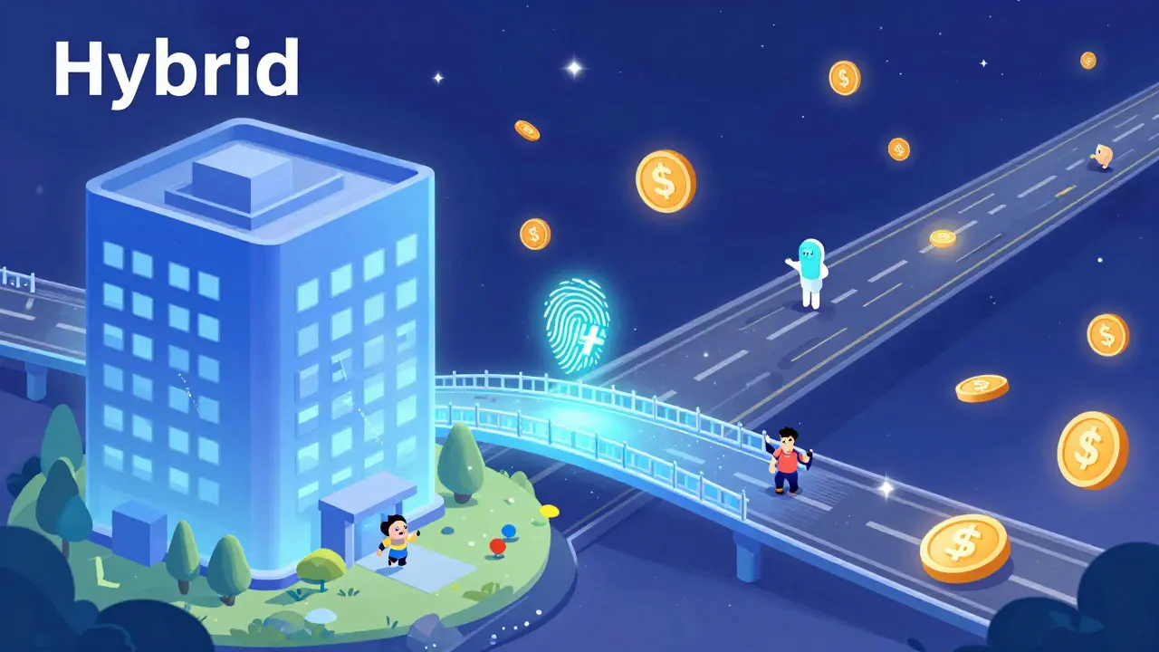 Pont numérique reliant un bâtiment sécurisé à une autoroute cosmique de jetons DeFi.