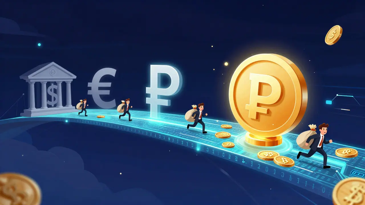 Représentation conceptuelle d'un pont numérique reliant le rouble au stablecoin A7A5.