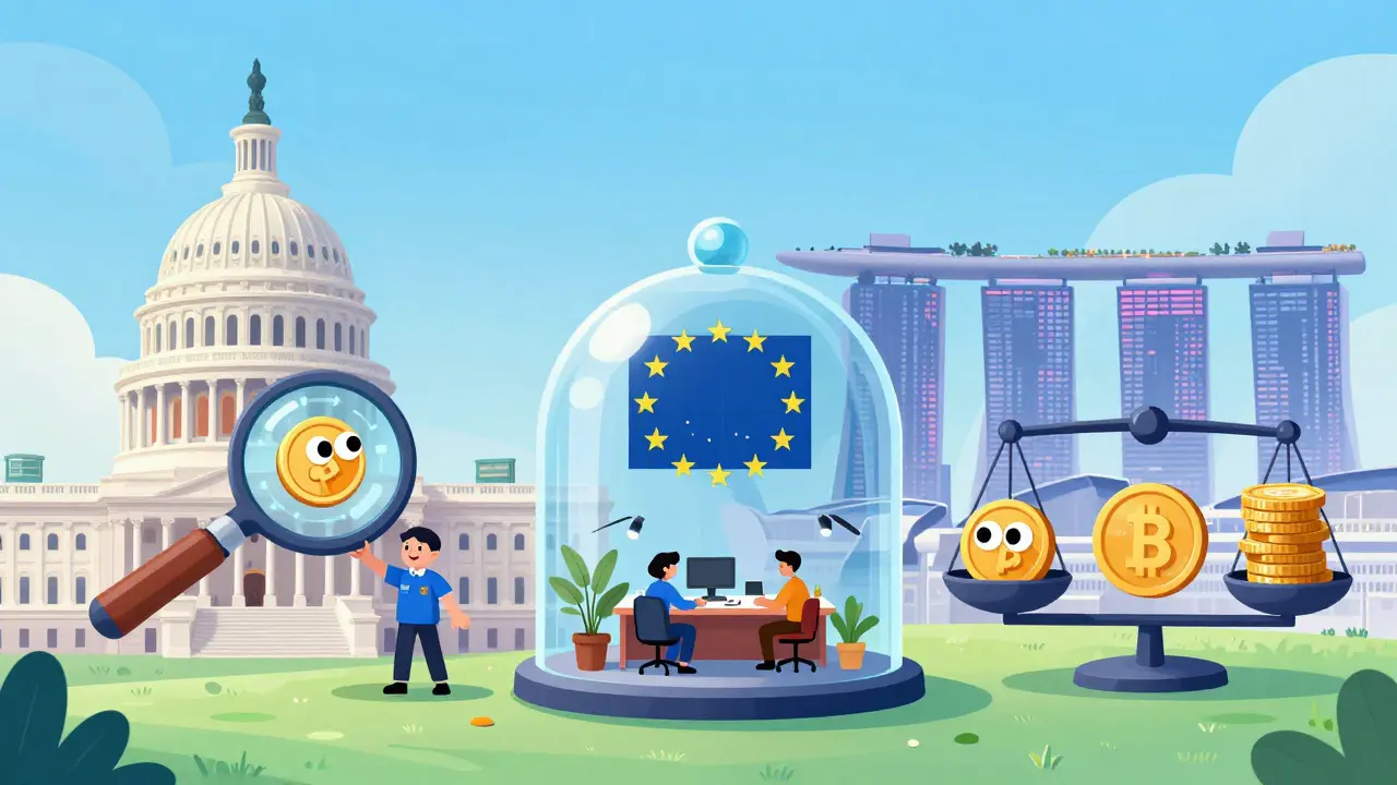 Représentation stylisée des approches réglementaires aux États-Unis, en Europe et en Asie.