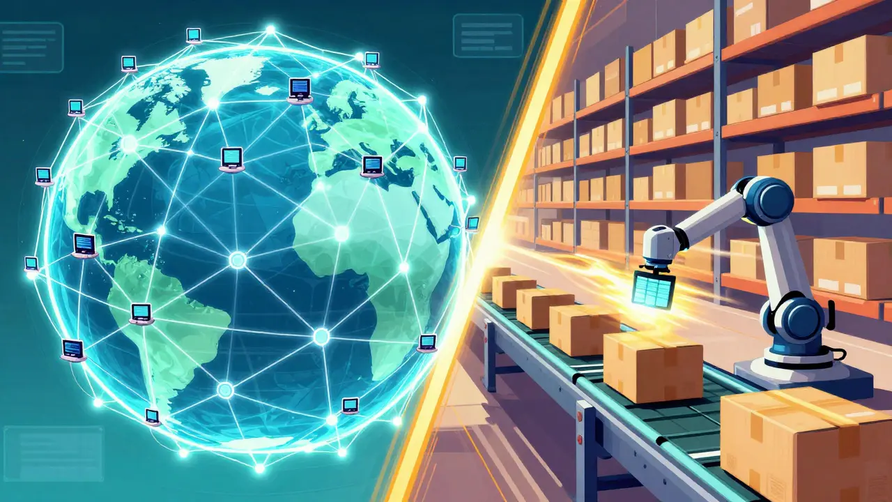 Réseau mondial de nœuds décentralisés face à une chaîne logistique automatisée ultra-rapide.