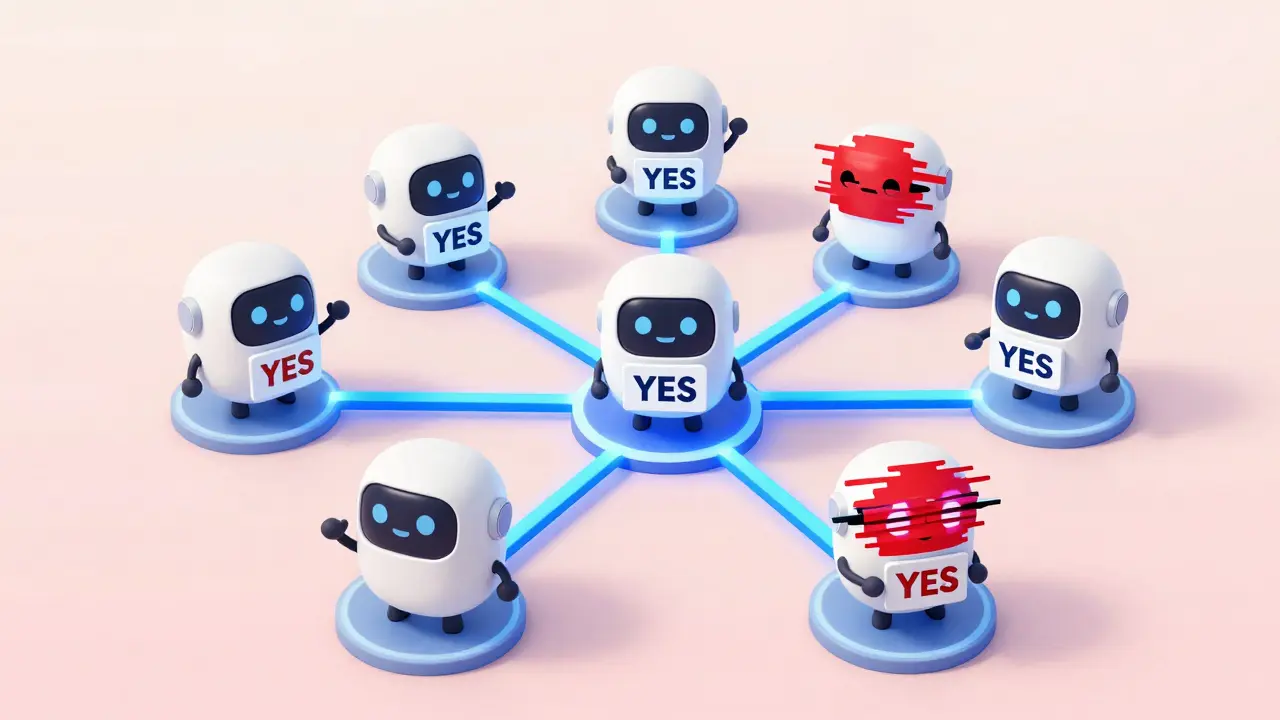 Robots représentant des nœuds réseau, certains honnêtes et d'autres malveillants.