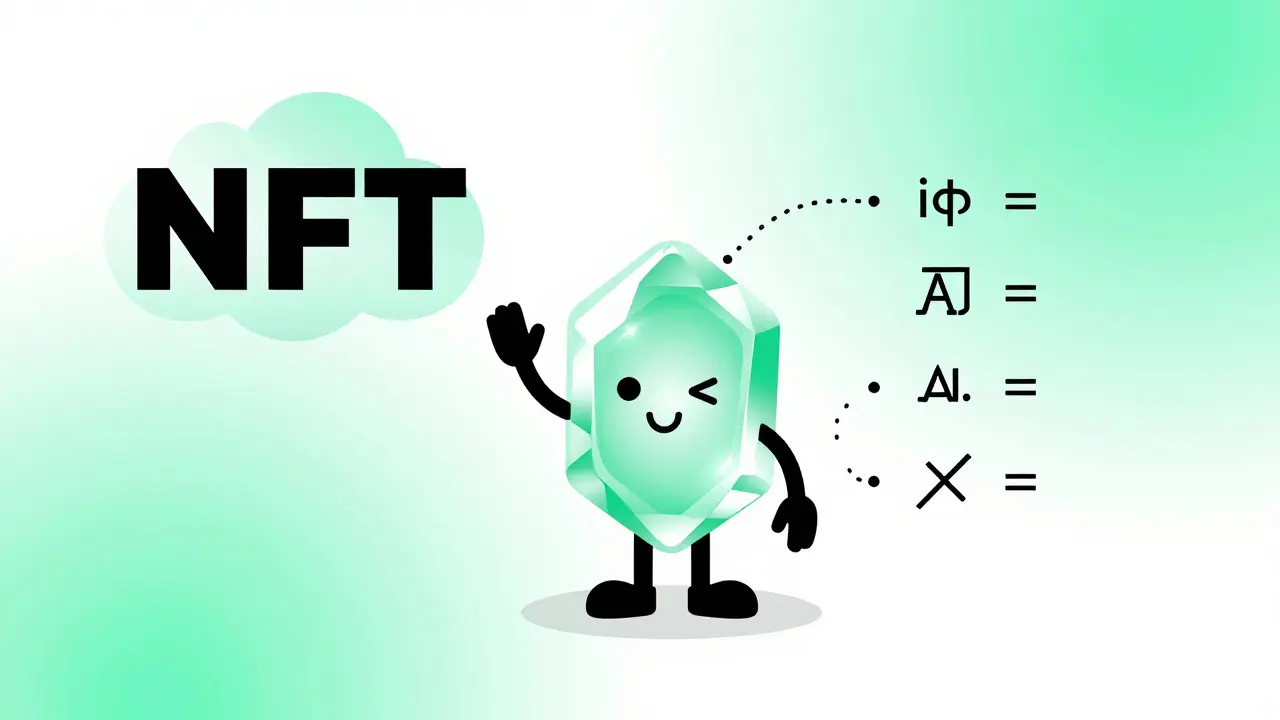 Schéma illustré d'un jeton NFT relié à un stockage de données décentralisé et à la cryptographie.