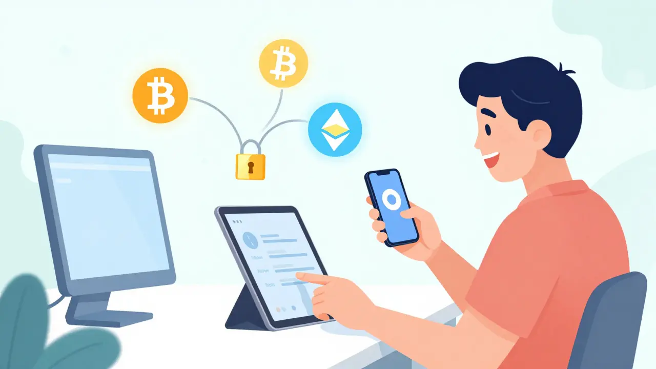 Trader souriant utilisant plusieurs appareils avec des symboles de cryptomonnaies sécurisés.