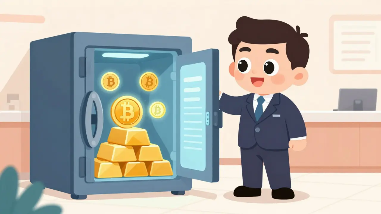 Un banquier stylisé présentant un coffre-fort rempli de pièces de Bitcoin et de stablecoins colorées.