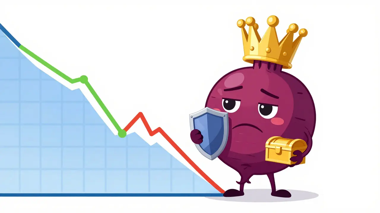 Un personnage de betterave couronnée sur un graphique boursier en montagnes russes.
