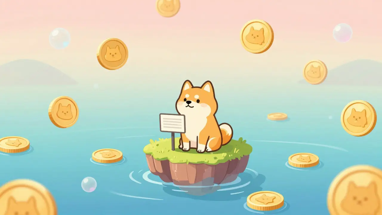Un petit Shiba Inu sur une île numérique entouré de meme coins beaucoup plus grands.
