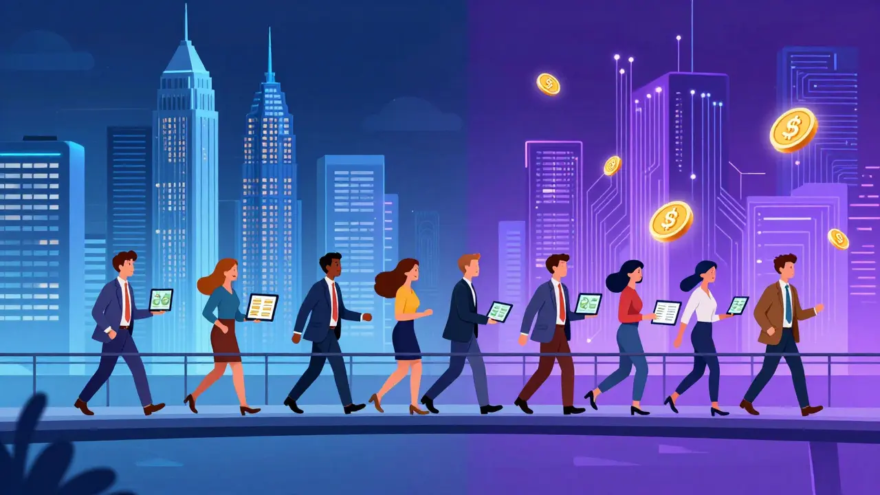 Un pont reliant un quartier financier traditionnel à une ville numérique futuriste avec des portefeuilles hybrides.