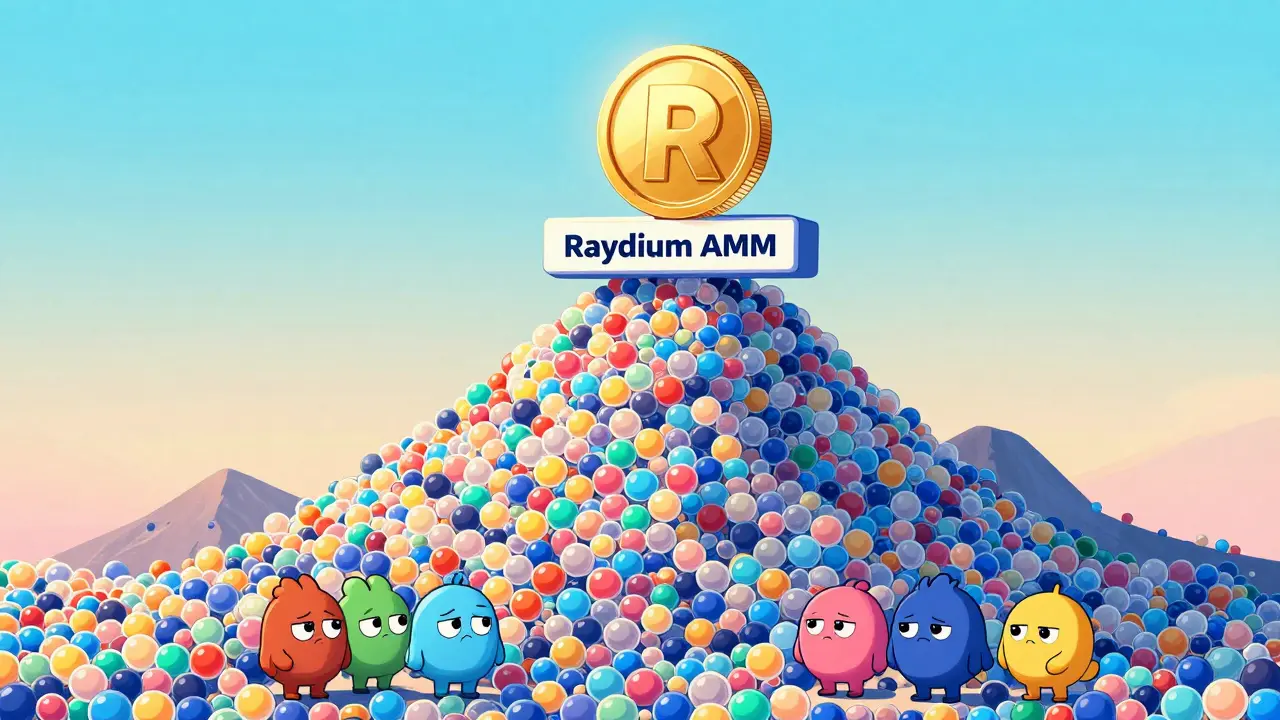 Un seul jeton doré atteignant le sommet d'une montagne de memecoins.