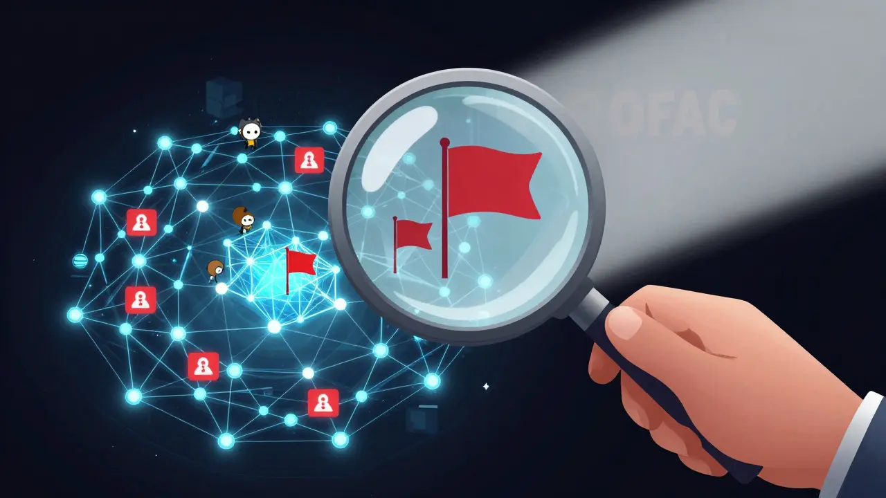 Une loupe analysant un réseau blockchain pour tracer des transactions financières.