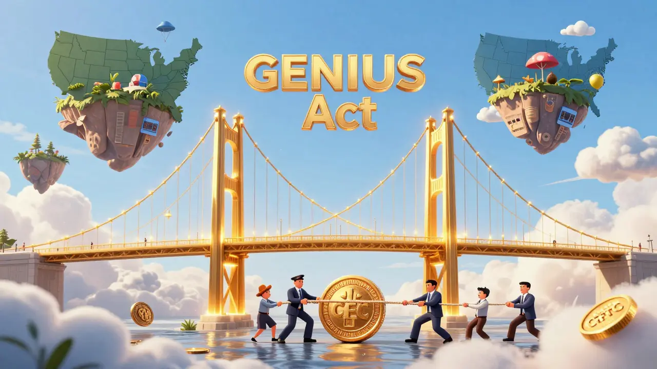 Une passerelle dorée symbolisant le GENIUS Act reliant des îles représentant les États américains.