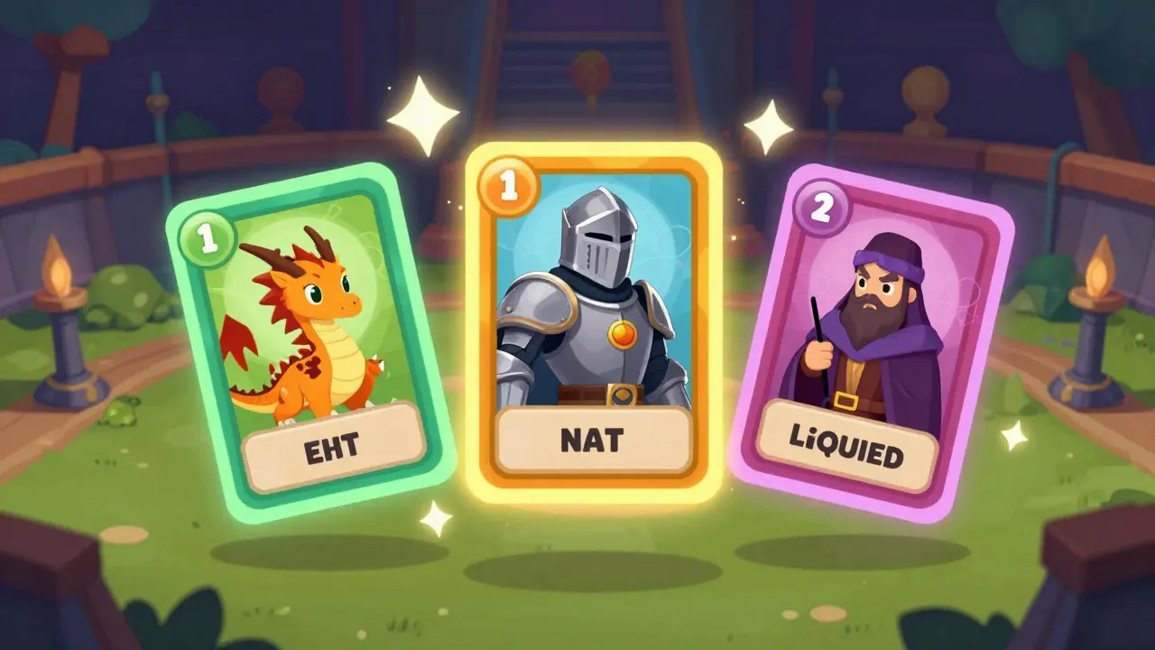 Cartes de jeu NFT magiques flottant avec des effets lumineux dans une arène de jeu vidéo stylisée.