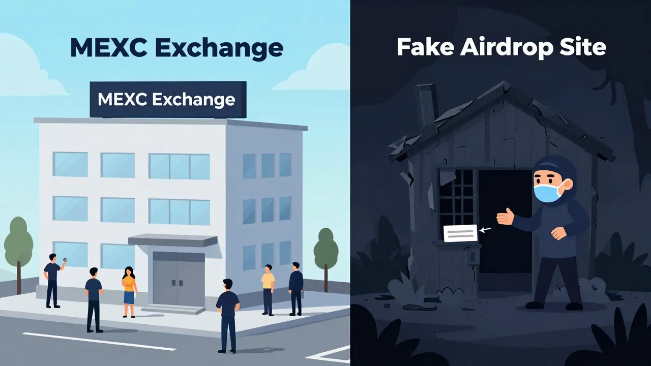 Comparaison entre l'échange légitime MEXC et un site d'arnaque fictif