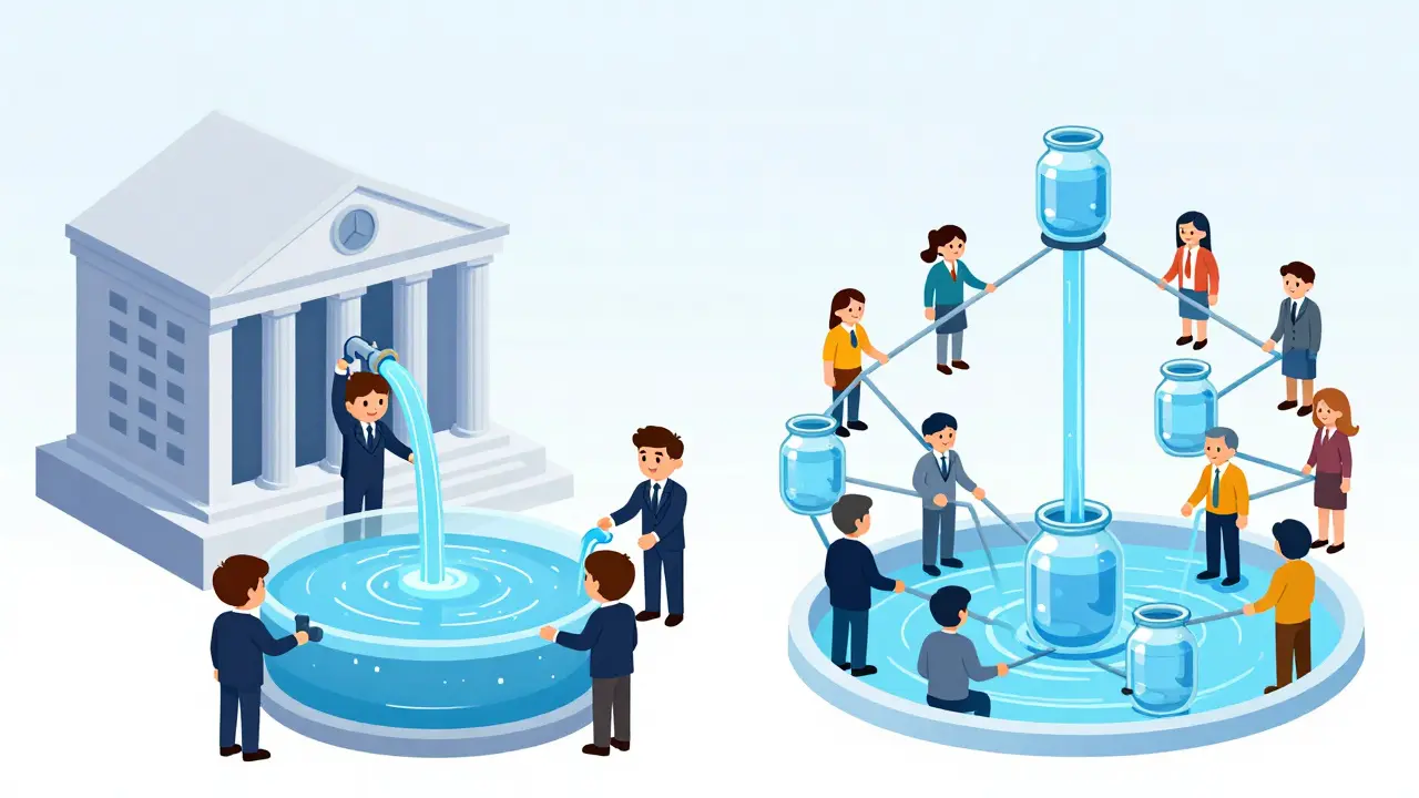 Comparaison visuelle entre les échanges centralisés et décentralisés avec des métaphores d'eau