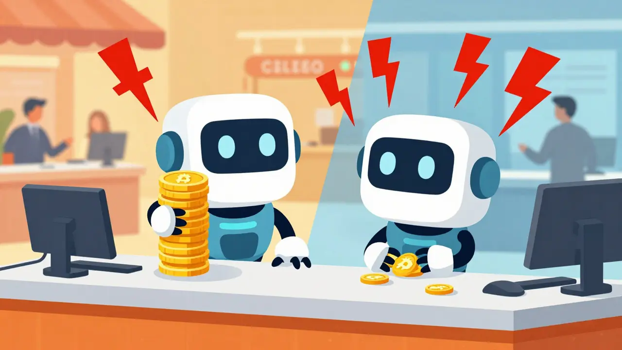 Deux robots illustrés comparant la haute liquidité et les faibles volumes dans le trading.