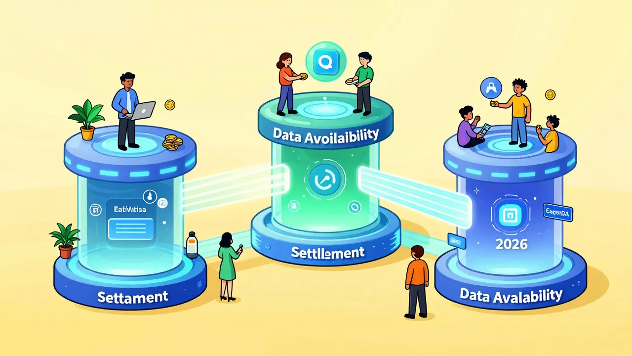 Écosystème blockchain modulaire futuriste avec trois plateformes connectées et utilisateurs heureux
