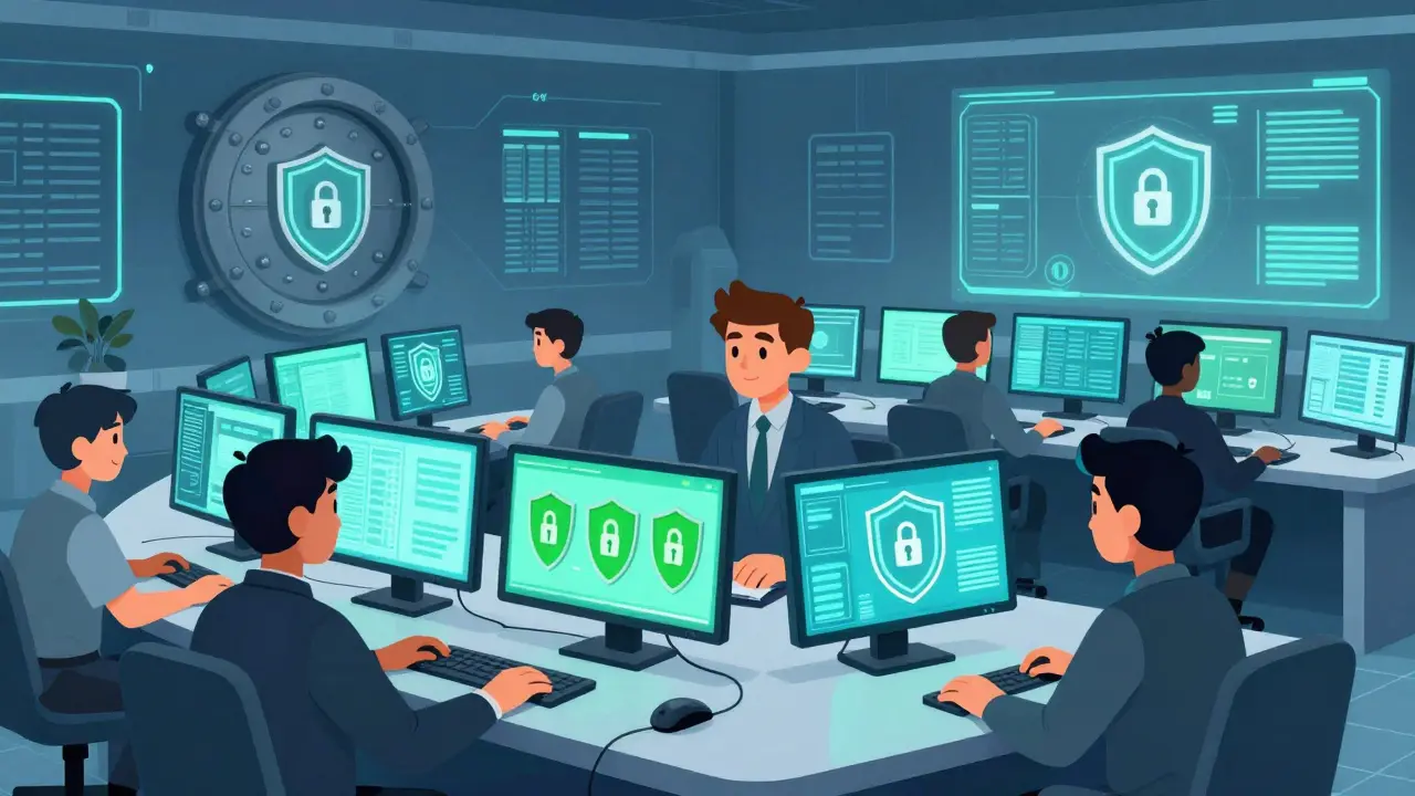 Équipe technique calarts sécurisant des actifs numériques dans une salle de cybersécurité