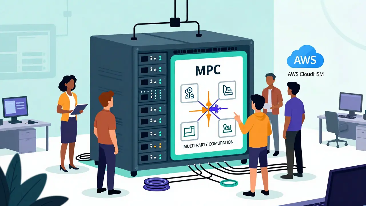 Équipe technique gérant une infrastructure HSM et MPC dans une startup fintech