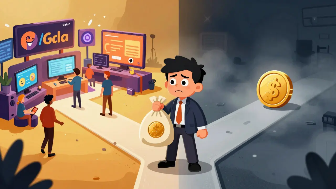 Investisseur hésitant face à des choix de cryptomonnaies risqués et sûrs