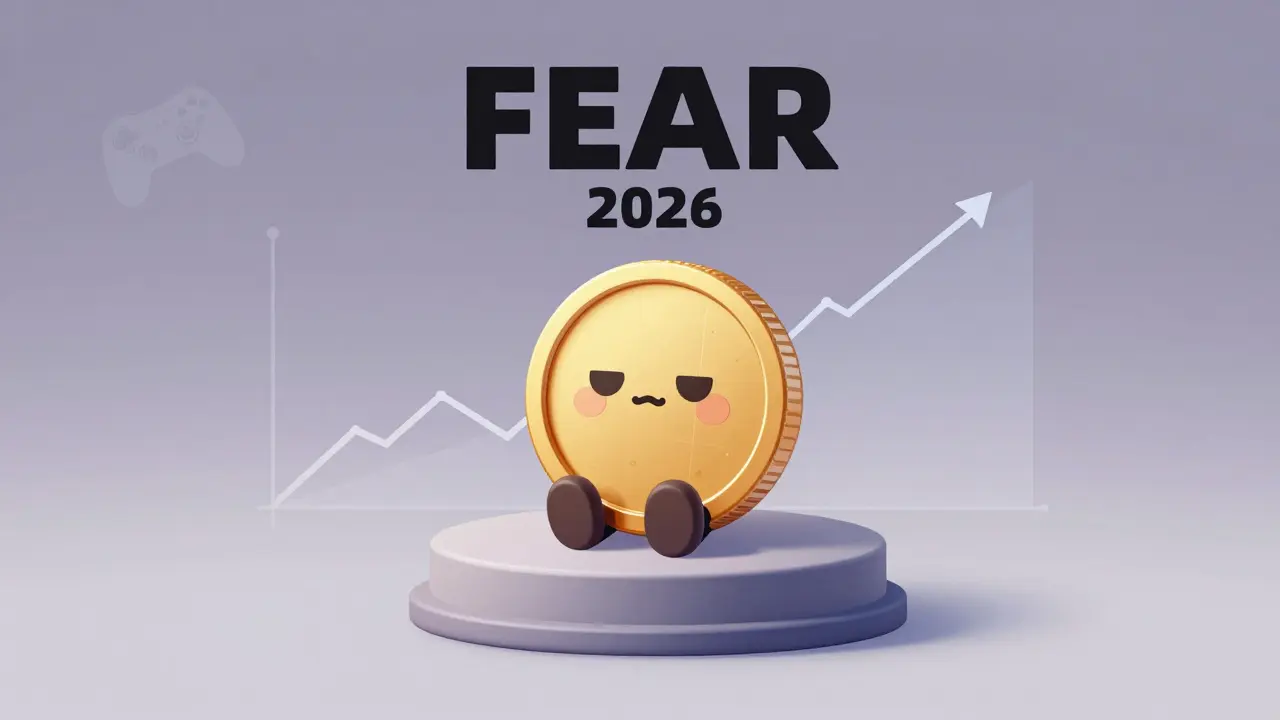 Pièce numérique FEAR endormie sur un piédestal, symbolisant sa faible volatilité en 2026.
