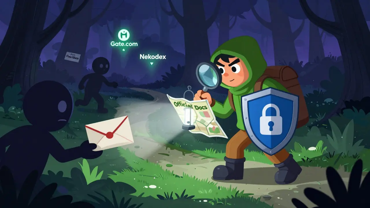 Un chasseur d'airdrops protégé naviguant vers des plateformes officielles sécurisées