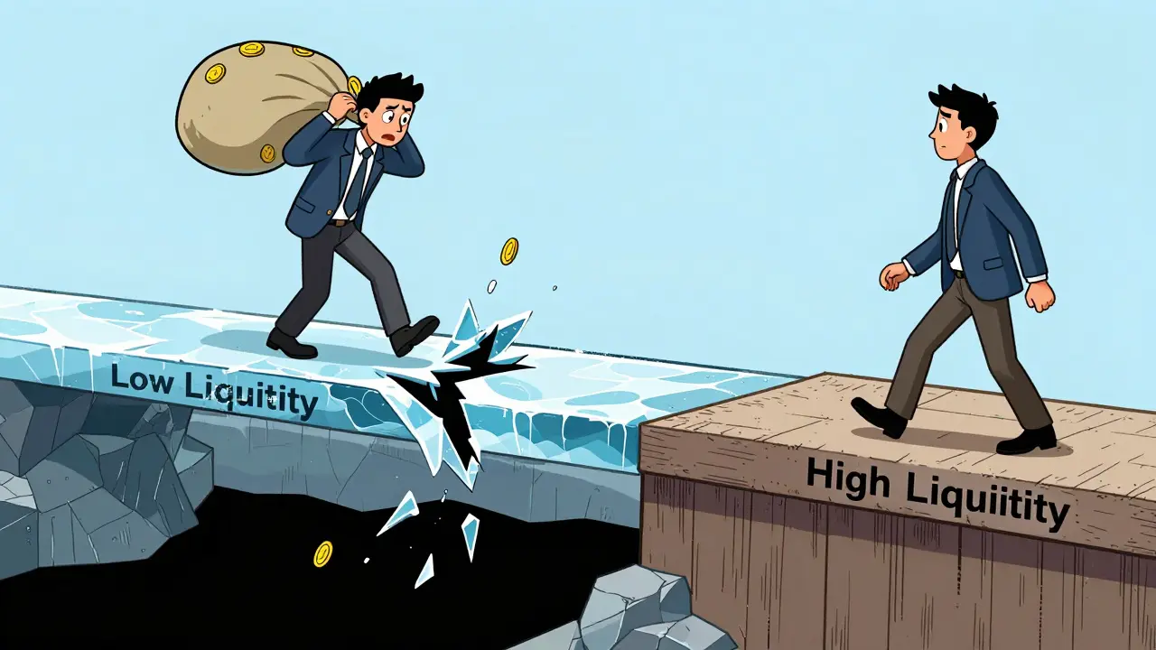 Un trader glisse sur un pont de glace fragile symbolisant le manque de liquidité et le slippage
