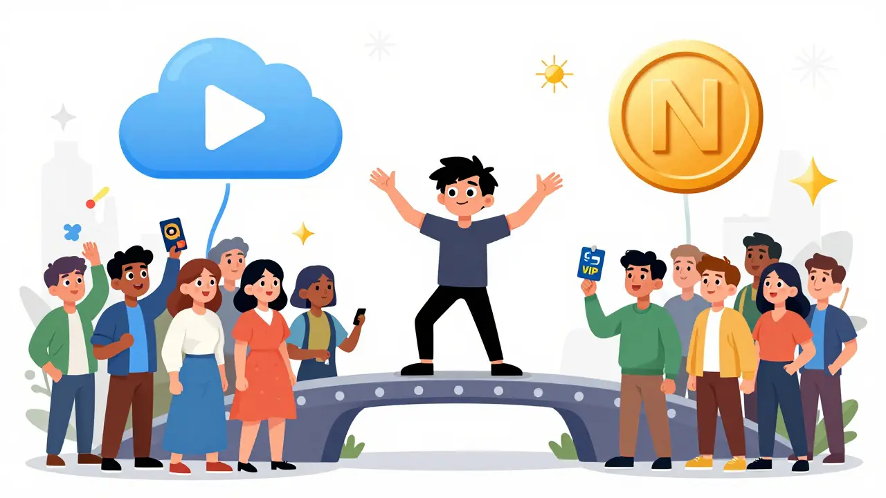 Artiste équilibrant streaming et NFT pour monétiser la loyauté des fans en style cartoon