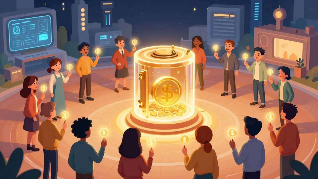 Communauté votant dans la DAO Metaplex avec des jetons lumineux