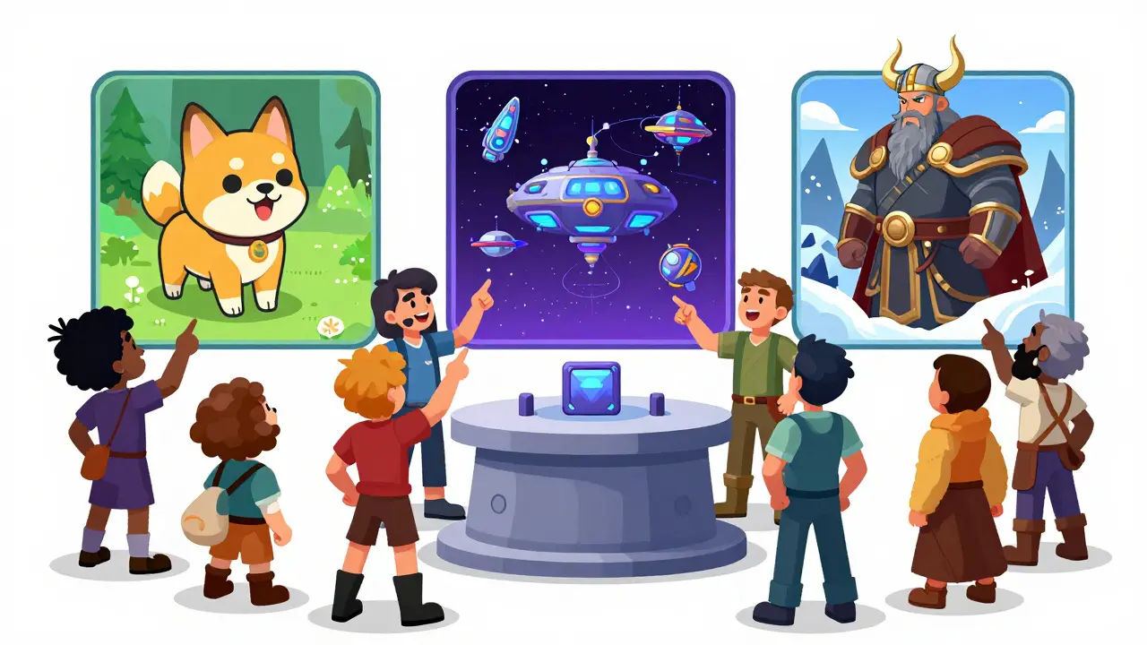 Groupes de personnages animés découvrant trois mondes de jeux différents sur un piédestal central.