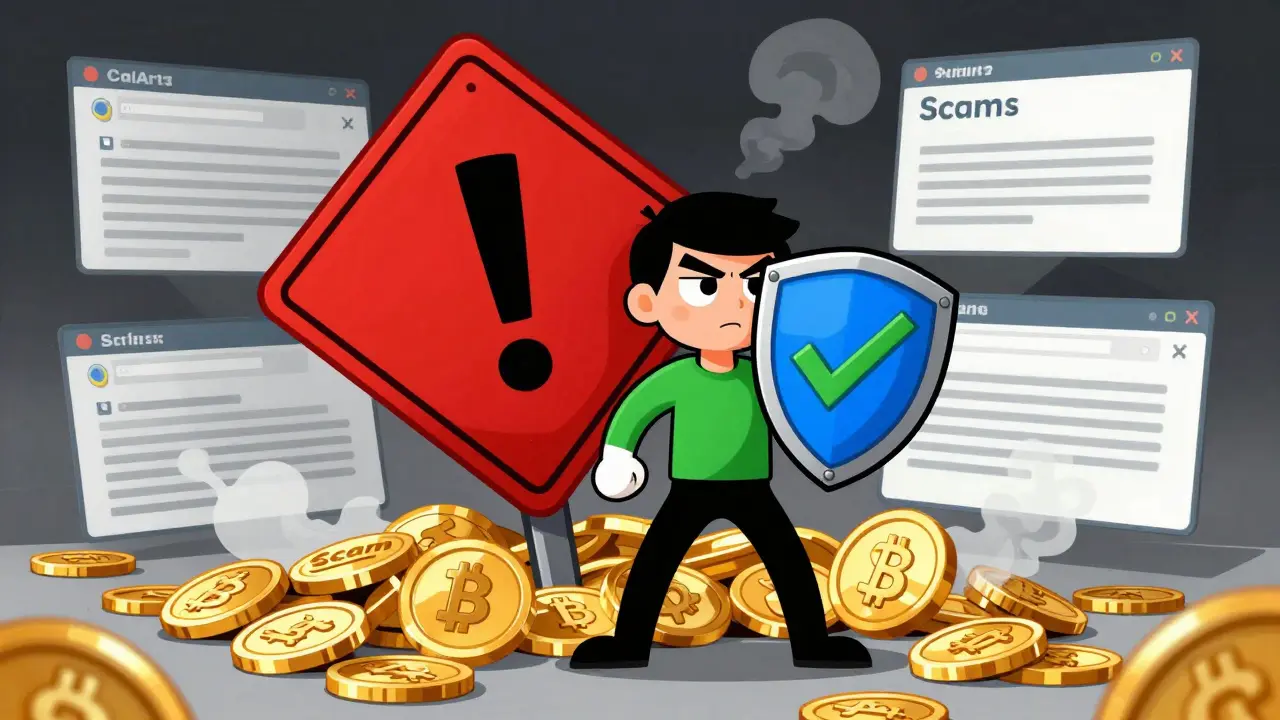 Héros cartoon protégeant contre les arnaques crypto avec un bouclier de sécurité