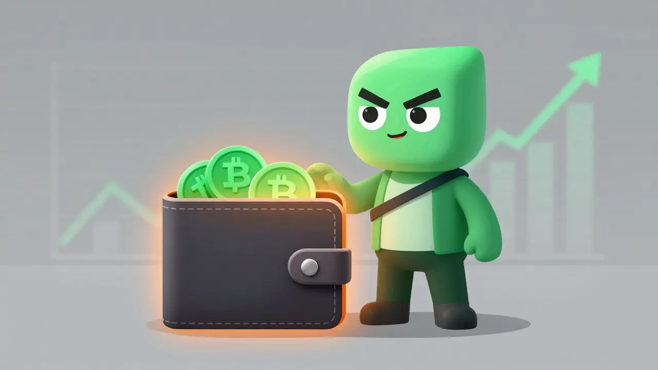 Illustration d'un personnage gardant un portefeuille numérique plein de jetons verts
