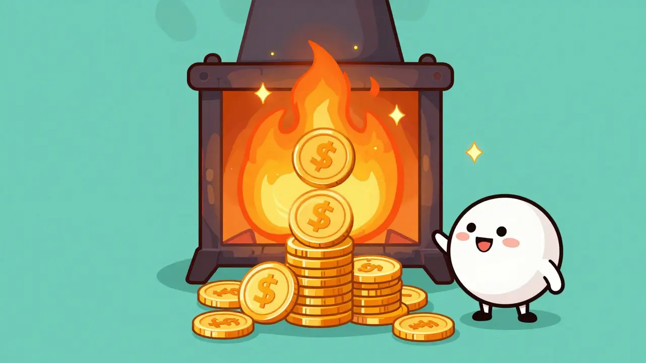 Illustration de pièces de crypto entrant dans un four symbolisant le burn