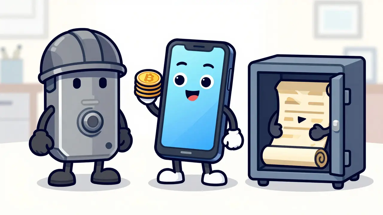 Illustration de trois types de portefeuilles crypto : matériel, mobile et papier