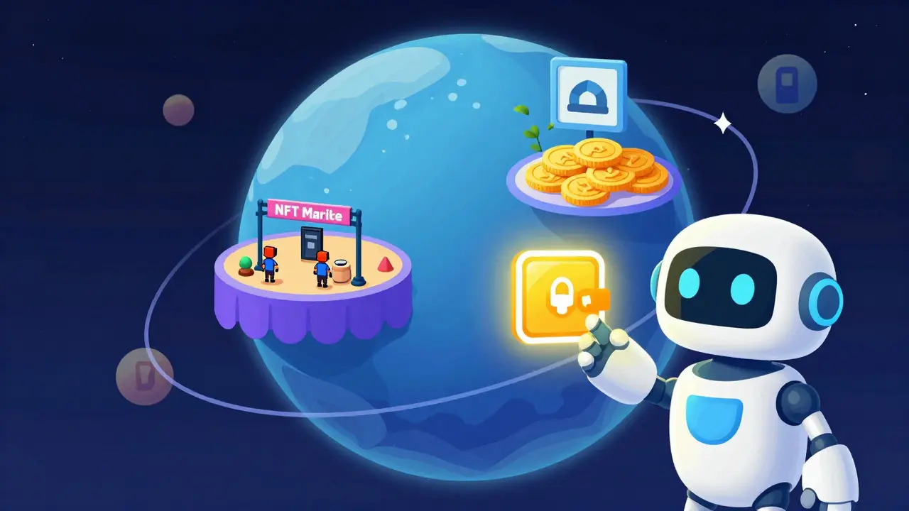 Illustration du planète Bot Planet avec un robot guide et un portefeuille numérique sécurisé